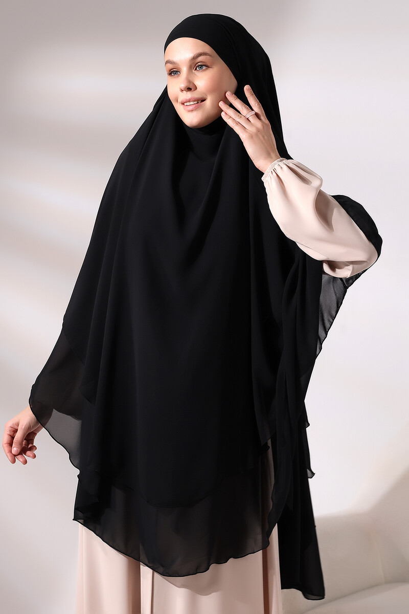 Black Chiffon Three Layer Veiled Long Hijab Soufflé Scarf - 2