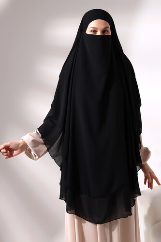 Black Chiffon Three Layer Veiled Long Hijab Soufflé Scarf - 3