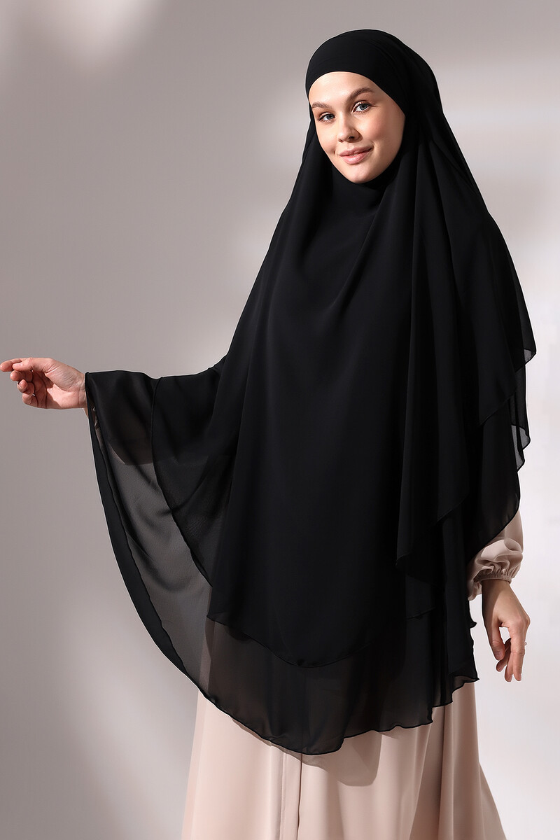 Black Chiffon Three Layer Veiled Long Hijab Soufflé Scarf - 4