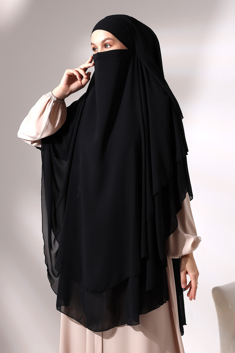 Black Chiffon Three Layer Veiled Long Hijab Soufflé Scarf - 5