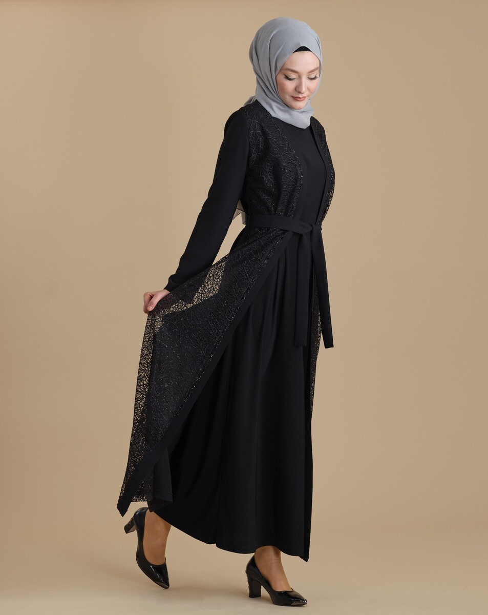 Black Double Abaya Transparent Crystal Stone Belted Hijab Abaya - 1