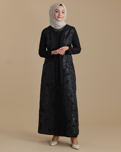 Black Double Suit Organza Patterned Belted Hijab Abaya Abaya - 1