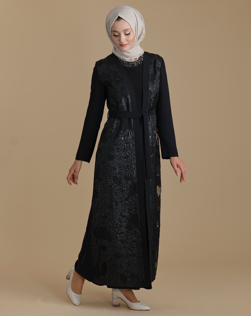 Black Double Suit Organza Patterned Belted Hijab Abaya Abaya - 3