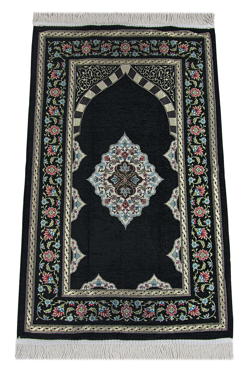 Black Flower Motifed Mihrab Lined Chenille Prayer Rug - 1