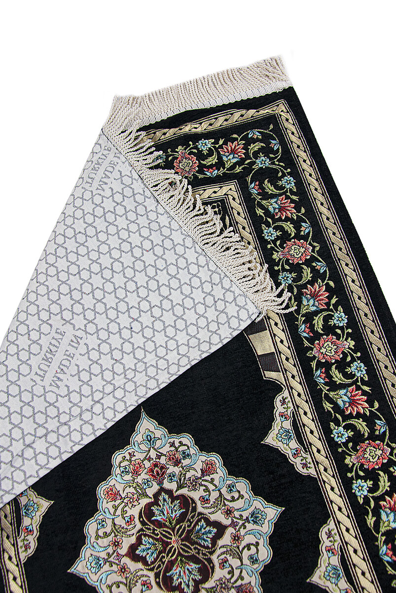 Black Flower Motifed Mihrab Lined Chenille Prayer Rug - 2