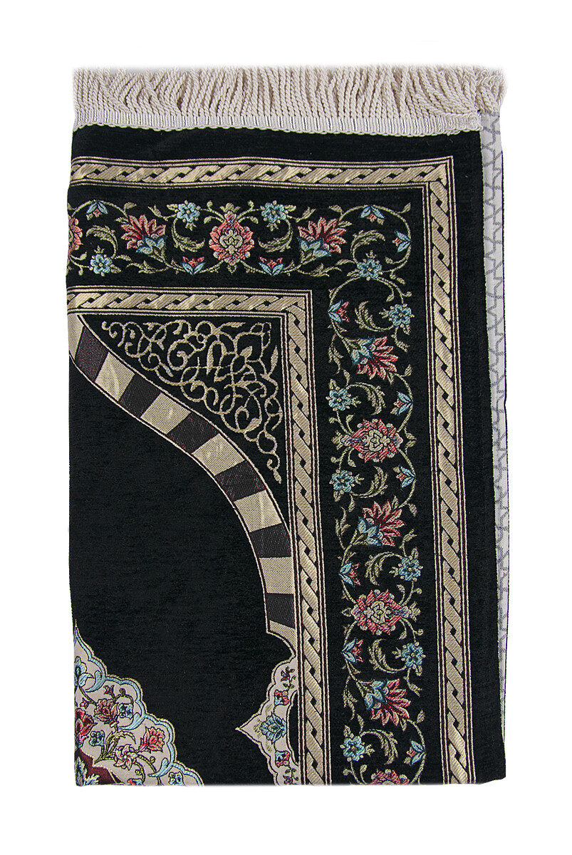 Black Flower Motifed Mihrab Lined Chenille Prayer Rug - 3