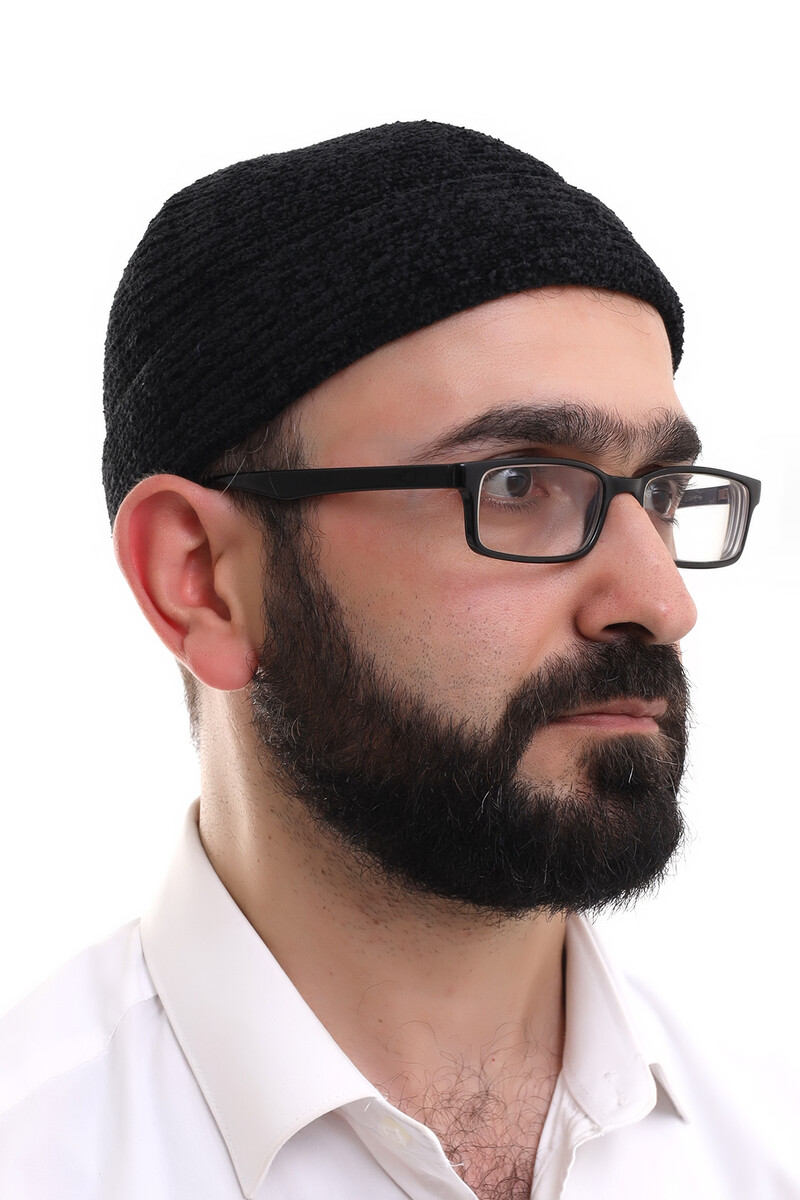 Black Folded Simple Pattern Winter Velvet Skullcap Hat - 2