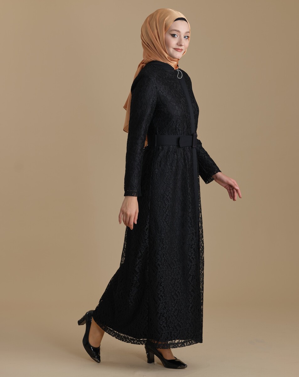 Black Full Lace Zippered Hijab Abaya with Waist Belt - 2