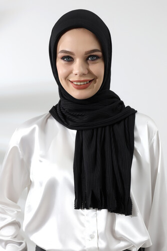 Black Hijab Ready Made Practical Corded Cotton Shawl - 1