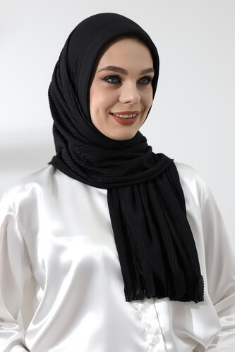 Black Hijab Ready Made Practical Corded Cotton Shawl - 2