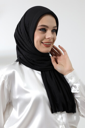 Black Hijab Ready Made Practical Corded Cotton Shawl - 3