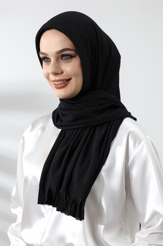 Black Hijab Ready Made Practical Corded Cotton Shawl - 4