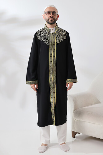 Black Judge Collar Men's Prayer Robe Stripe Embroidery Imam Robe - 1