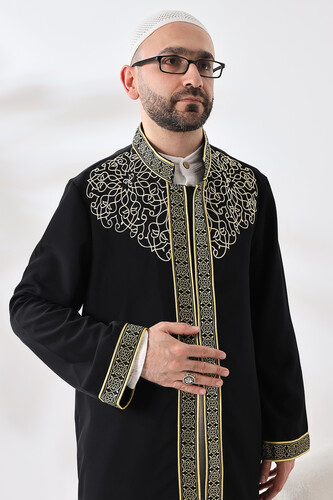 Black Judge Collar Men's Prayer Robe Stripe Embroidery Imam Robe - 2