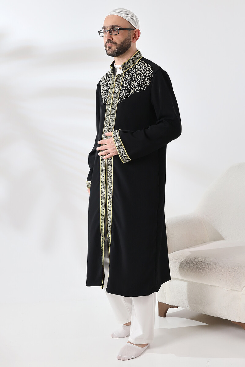 Black Judge Collar Men's Prayer Robe Stripe Embroidery Imam Robe - 4