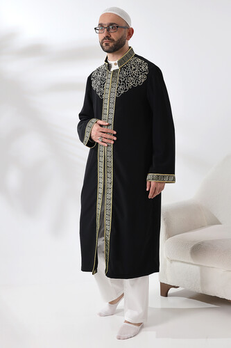 Black Judge Collar Men's Prayer Robe Stripe Embroidery Imam Robe - 5