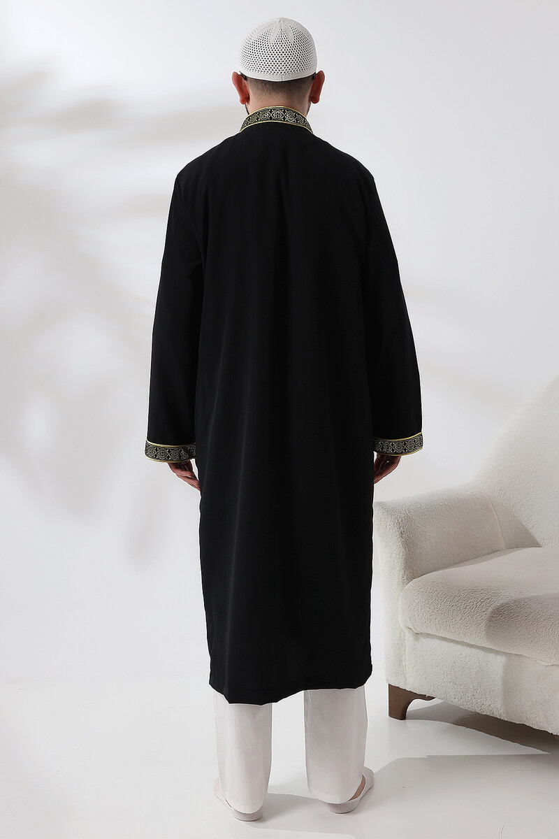 Black Judge Collar Men's Prayer Robe Stripe Embroidery Imam Robe - 6