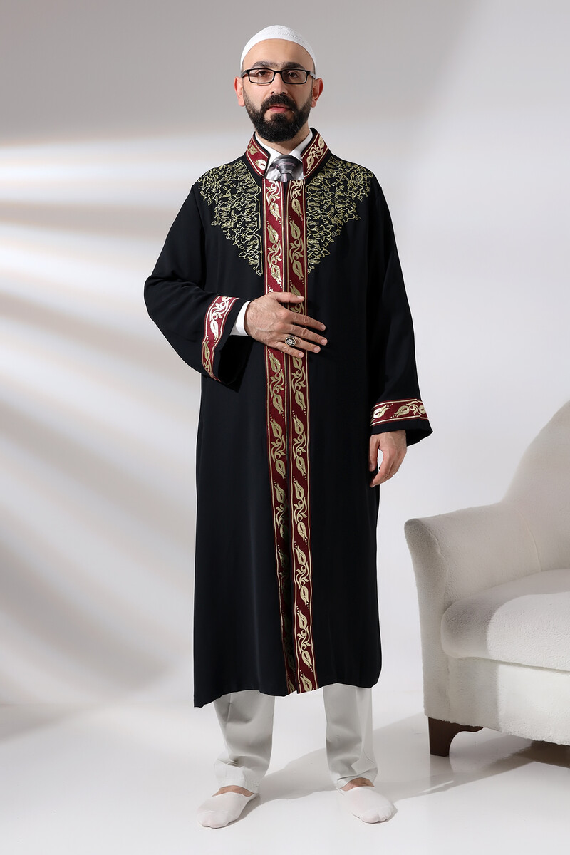 Black Judge Collar Men's Prayer Robe Stripe Embroidery Imam Robe - 1