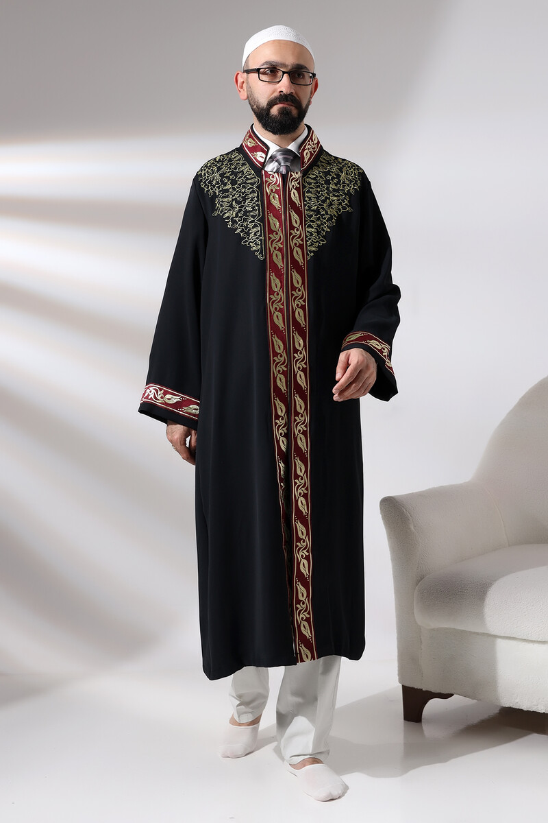 Black Judge Collar Men's Prayer Robe Stripe Embroidery Imam Robe - 2