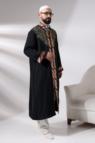 Black Judge Collar Men's Prayer Robe Stripe Embroidery Imam Robe - 3