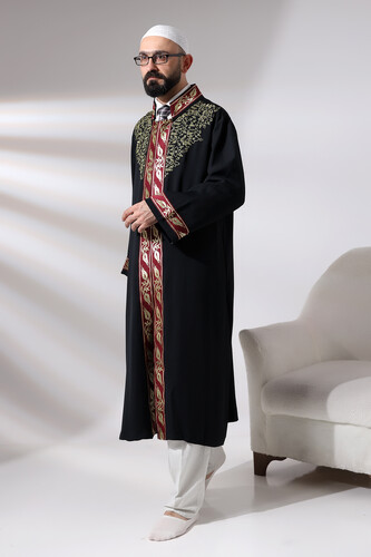 Black Judge Collar Men's Prayer Robe Stripe Embroidery Imam Robe - 4