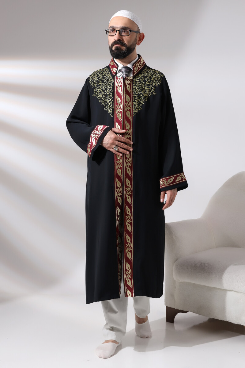 Black Judge Collar Men's Prayer Robe Stripe Embroidery Imam Robe - 6