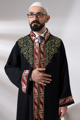 Black Judge Collar Men's Prayer Robe Stripe Embroidery Imam Robe - 7