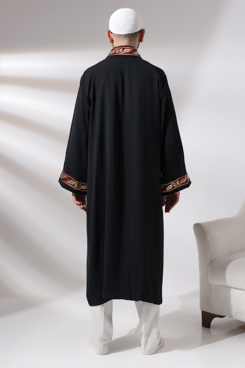 Black Judge Collar Men's Prayer Robe Stripe Embroidery Imam Robe - 9