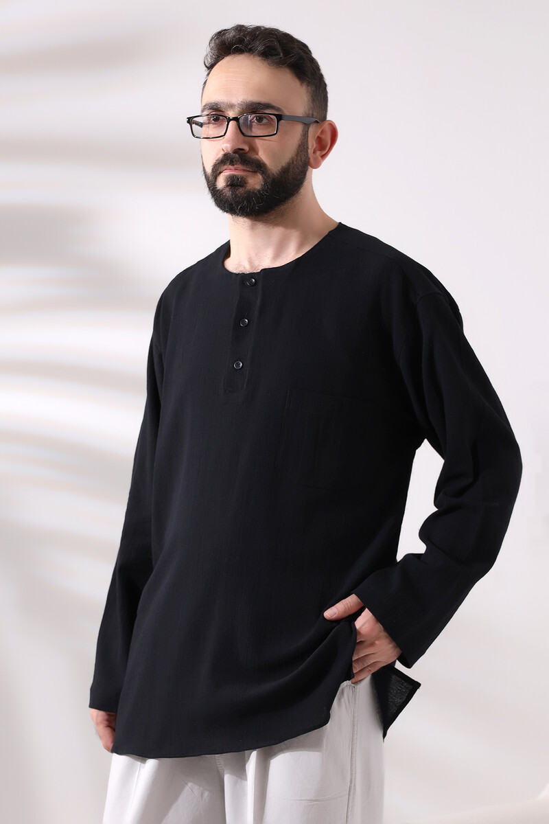 Black Men's Casual Cut 3 Button Zero Collar Hajj and Umrah Sile Cloth Shirt - 2