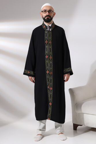 Black Men's Prayer Dress Pattern Embroidered Judge Collar Imam Robe - 1