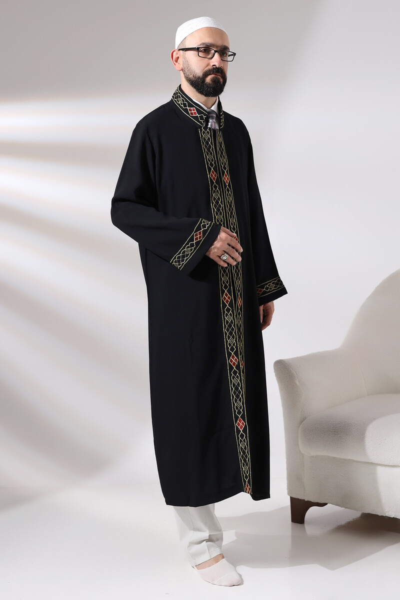 Black Men's Prayer Dress Pattern Embroidered Judge Collar Imam Robe - 2