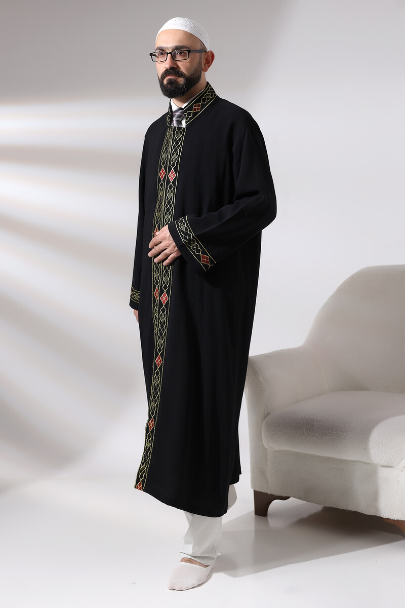 Black Men's Prayer Dress Pattern Embroidered Judge Collar Imam Robe - 3