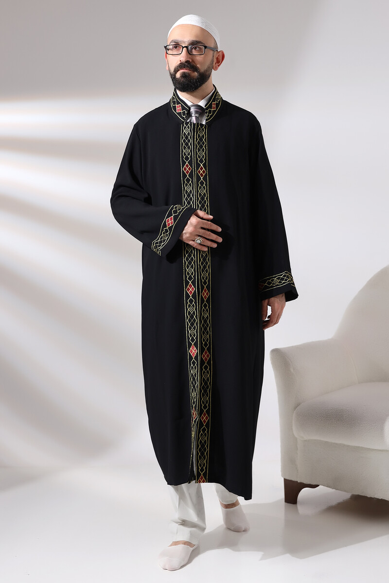 Black Men's Prayer Dress Pattern Embroidered Judge Collar Imam Robe - 4