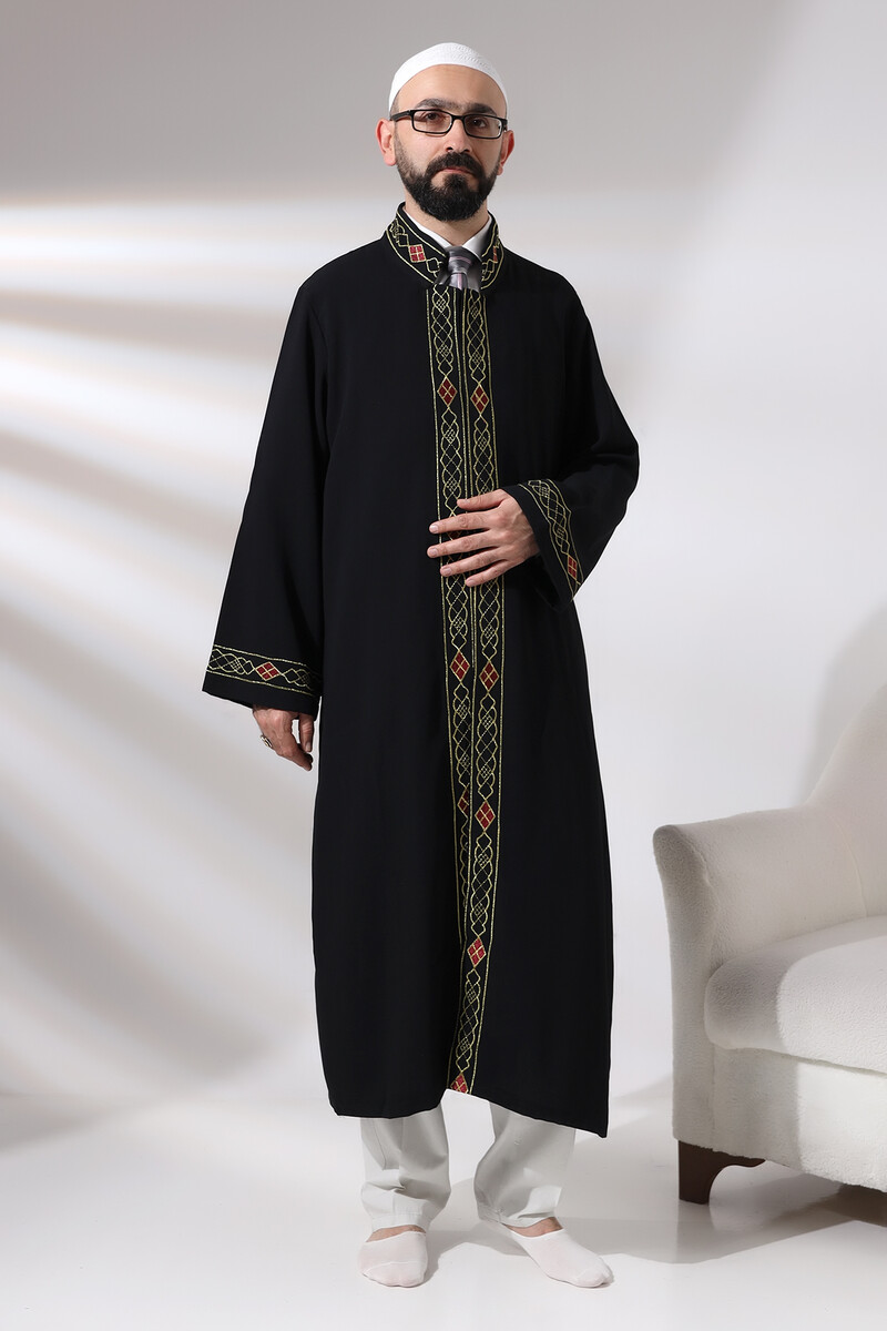 Black Men's Prayer Dress Pattern Embroidered Judge Collar Imam Robe - 6