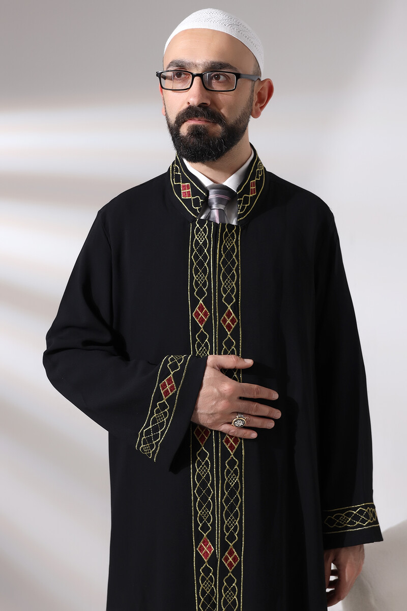 Black Men's Prayer Dress Pattern Embroidered Judge Collar Imam Robe - 7