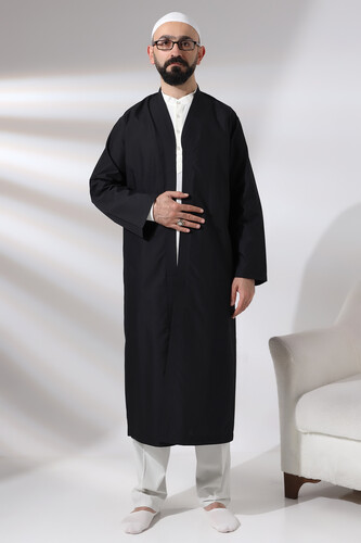 Black Men's Prayer Robe V-Neck Buttonless Open Front Prayer Robe - 1