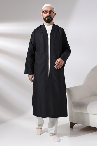 Black Men's Prayer Robe V-Neck Buttonless Open Front Prayer Robe - 2