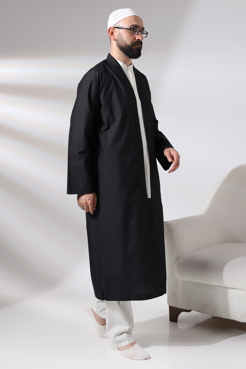 Black Men's Prayer Robe V-Neck Buttonless Open Front Prayer Robe - 4