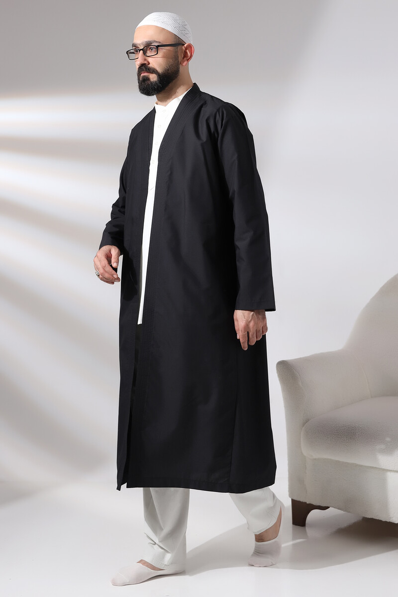 Black Men's Prayer Robe V-Neck Buttonless Open Front Prayer Robe - 5