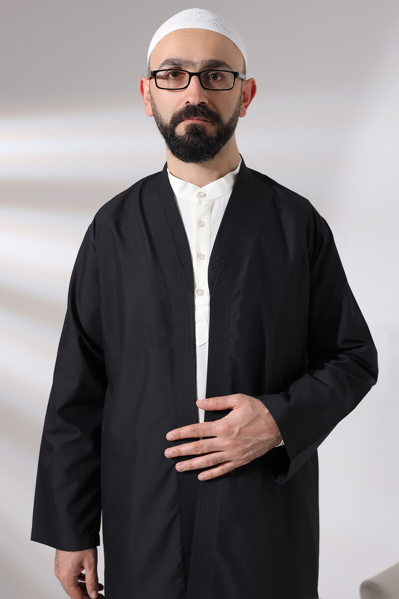 Black Men's Prayer Robe V-Neck Buttonless Open Front Prayer Robe - 8