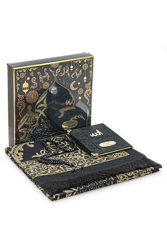 Black Mevlüt Gift Velvet Covered Yasin Book Prayer Beads Dowry Prayer Rug Set - 1