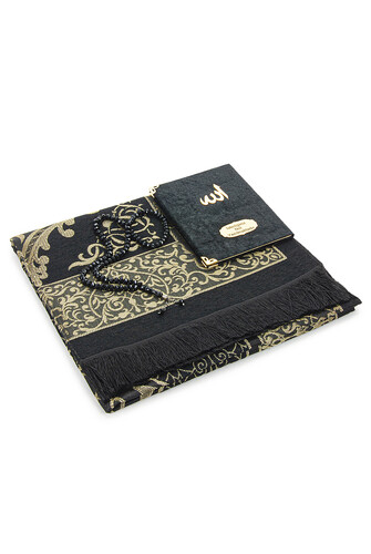 Black Mevlüt Gift Velvet Covered Yasin Book Prayer Beads Dowry Prayer Rug Set - 3