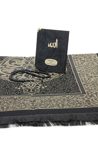 Black Mevlüt Gift Velvet Covered Yasin Book Prayer Beads Dowry Prayer Rug Set - 4