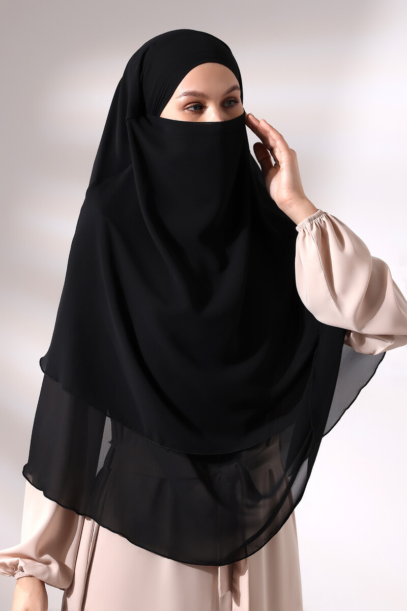 Black Three Layer Veiled Short Chiffon Hijab Soufflé Scarf - 2