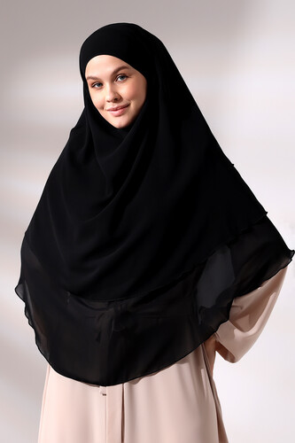 Black Three Layer Veiled Short Chiffon Hijab Soufflé Scarf - 3