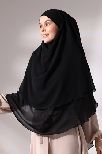 Black Three Layer Veiled Short Chiffon Hijab Soufflé Scarf - 4