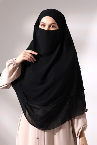 Black Three Layer Veiled Short Chiffon Hijab Soufflé Scarf - 5