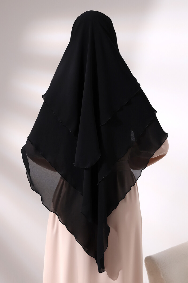 Black Three Layer Veiled Short Chiffon Hijab Soufflé Scarf - 6