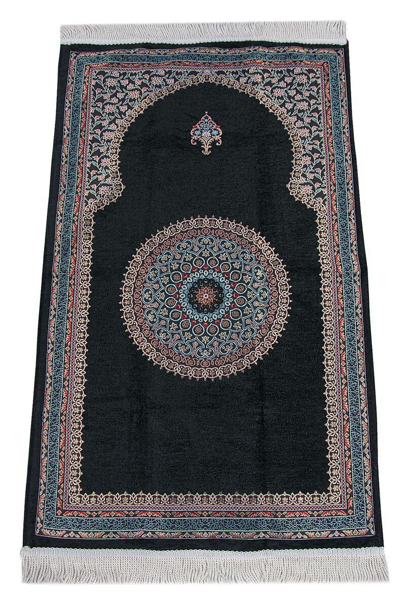 Black Traditional Motif Knitted Fringed Mihrab Lined Chenille Prayer Rug - 1