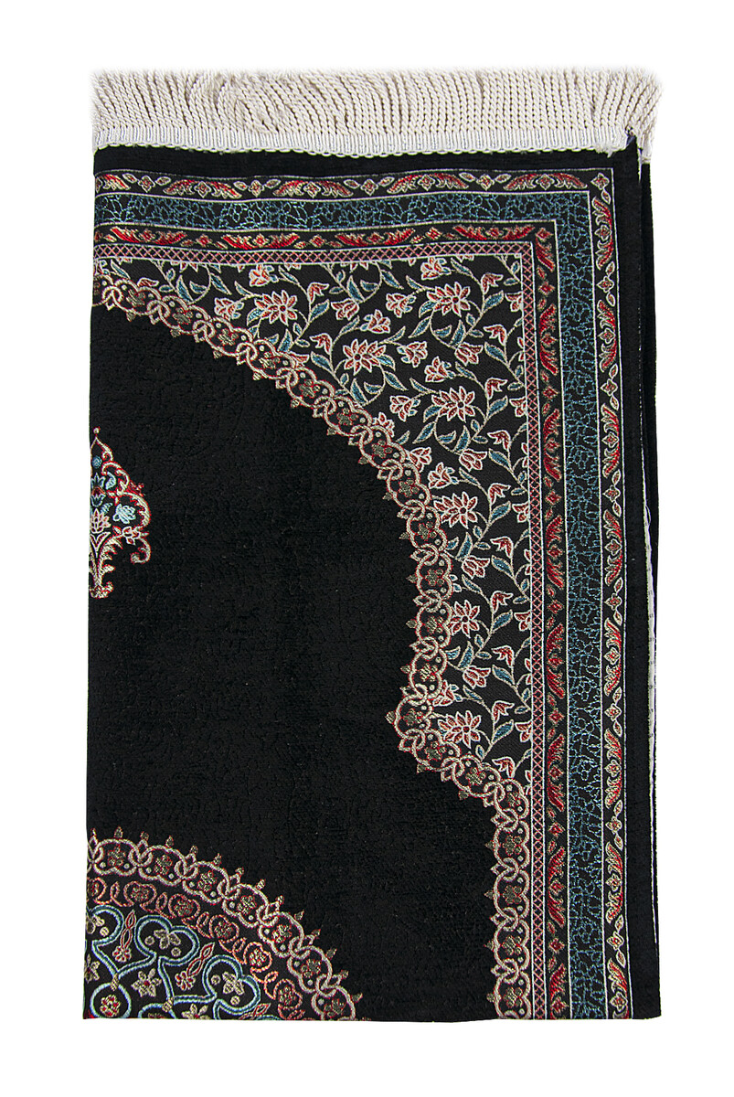 Black Traditional Motif Knitted Fringed Mihrab Lined Chenille Prayer Rug - 3